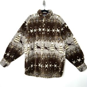 Vintage Boho Cottagecore Nordic Reindeer Holiday Fleece Jacket Cabincore Cozy